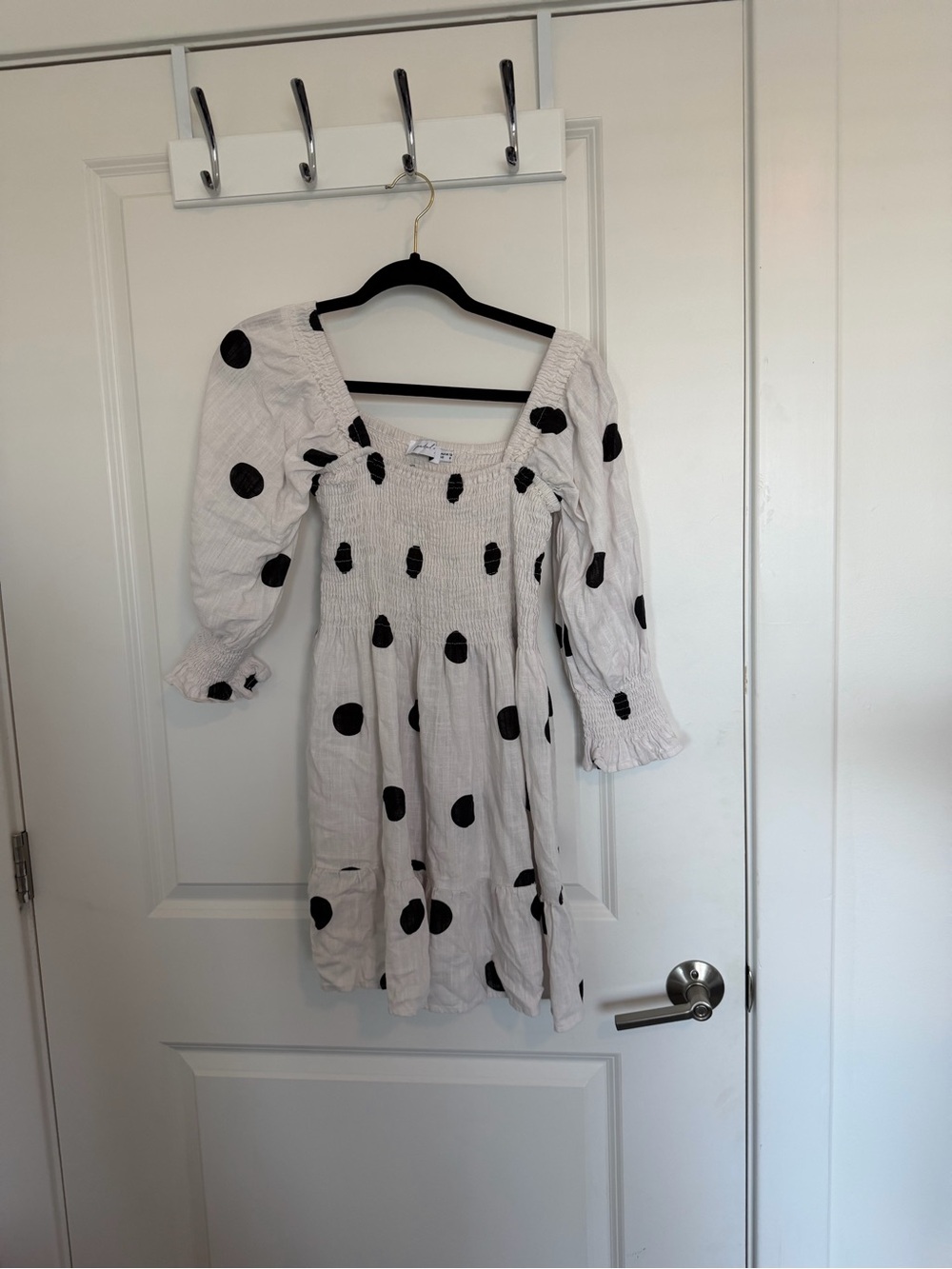 White Polka Dot Smocked Midi Dress with Puff Sleeves